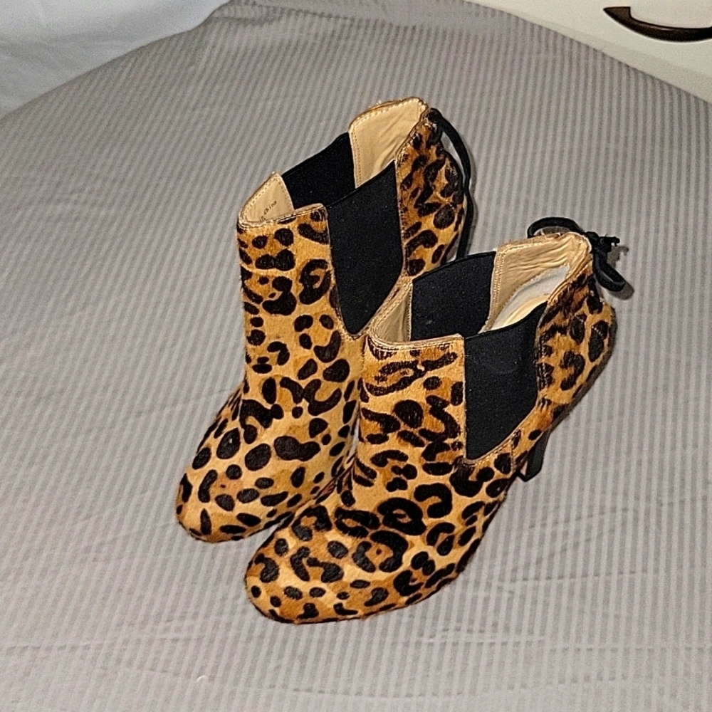 DIANE VON FURSTENBURG Nadine Leopard Print Hair Calf Leather Ankle Booties heel